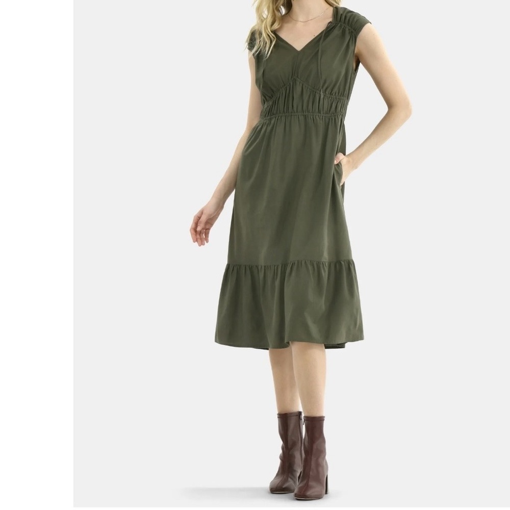 Time and Tru‎ Olive Green Midi Dress XL 16-18 Boho Cottagecore Pockets NWT
